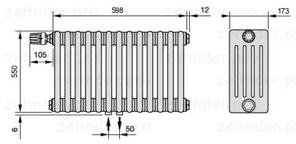 Схема (чертеж) Радиатор Zehnder Charleston 5055/13 №V007 Белый глянцевый RAL 9016